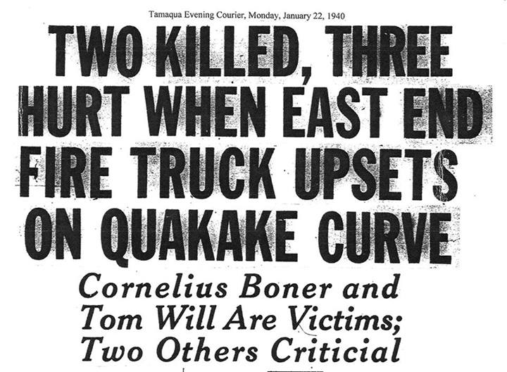 1-22-2014, Two Killed on East End Fire Truck Crash on Quakake Curve, 1-22-1940