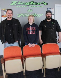 Pictured with a few renovated chairs are, from left, Ronny Ziegler, owner of Ziegler's Towing and Repair; Jillian Shellhamer of Lansford; and Brian Goho of Tamaqua. Not pictured is Todd Gerber.