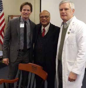 Bill Moyer, President, St. Luke’s Miners Campus (left); and J. David Bohri, MD, Medical Staff President and Chairman of the St. Luke’s Miners Campus Board of Trustees (right) present an engraved chair to honor (center)Dr. Dillswar Sahoo’s many years of service. 