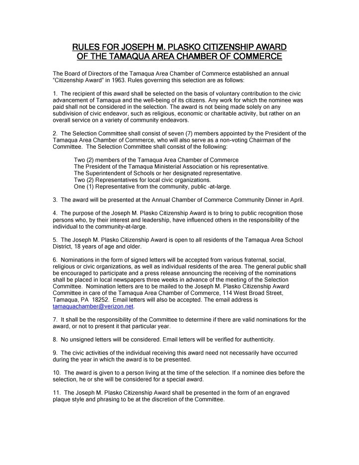 Joseph Plasko Tamaqua Citizenship Award, Chamber of Commerce, RULES1