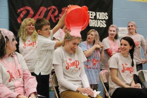 Teacher Amanda Peel gets slimed by Mason Gerber.