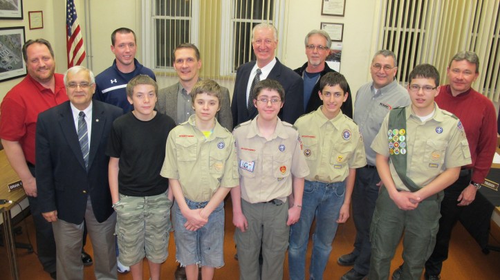 Pictured from front left are boy scouts Jeremiah Behr, Owen Berezwick, Anthony DeAngelo, Isaac Miller and Nathan Steigerwalt. In back are Tamaqua Borough Council members Dave Mace, Justin Startzel, Micah Gursky, Dan Evans, fire chief Tom Hartz, Mayor Chris Morrison and Borough Manager Kevin Steigerwalt.