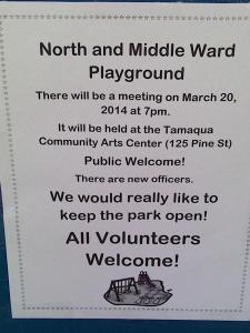 Volunteers needed sign, North and Middle Ward Playground