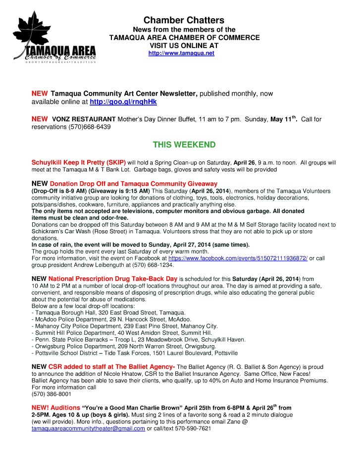 4-25-2014, Tamaqua Chamber of Commerce, Chamber Chatters1