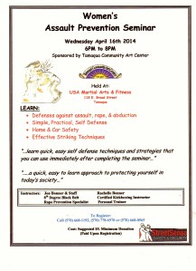 Assault Prevention Program, via TCAC, USA Martial Arts & Fitness, Tamaqua, 4-16-2014 FLYER