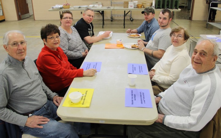 Pictured from left are Andrew and Marilyn Felsoci (married 53 years) of Hometown, Palma Groshko of Coaldale, Staff Sergeant Matthew Frey of New Ringgold, Sergeant Matthew Sloskey of Schuylkill Haven, Sergeant Travis Garris of Andreas, and Joyce and Emerson Musser (married 56 years) of Hometown. 