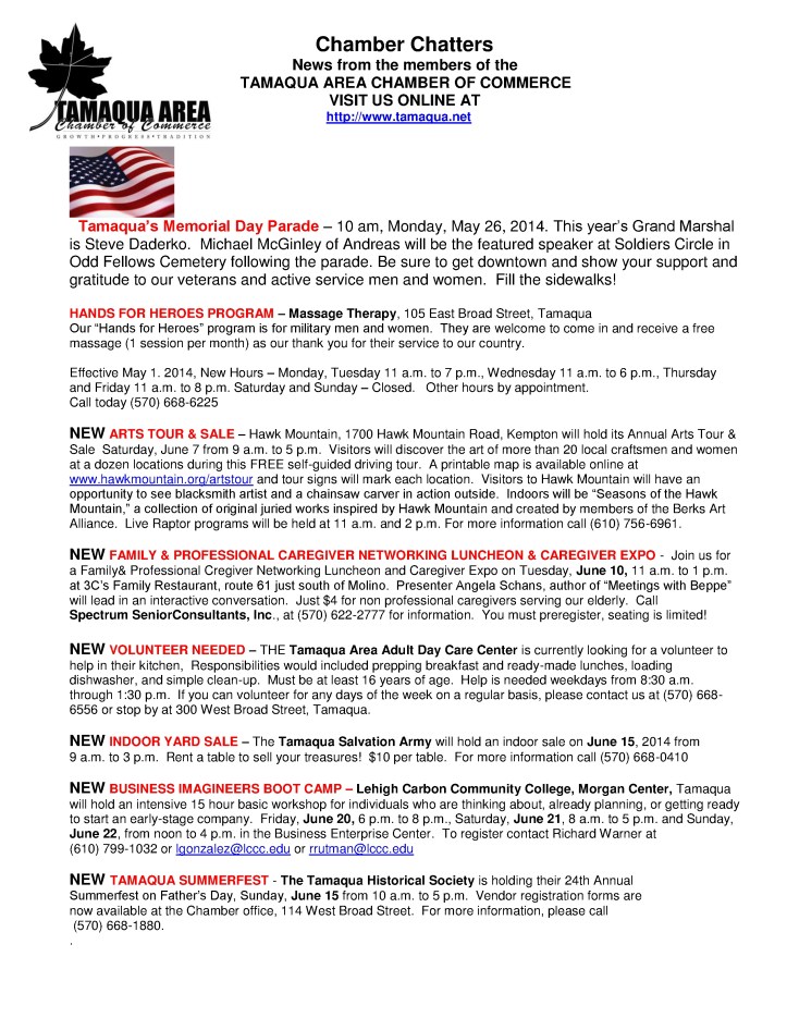 5-16-2014, Tamaqua Chamber of Commerce, Chamber Chatters1