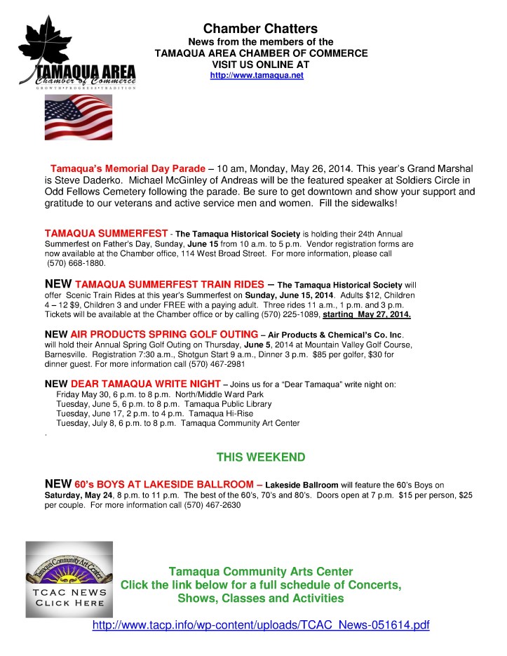 5-23-2014, Tamaqua Chamber of Commerce, Chamber Chatters1