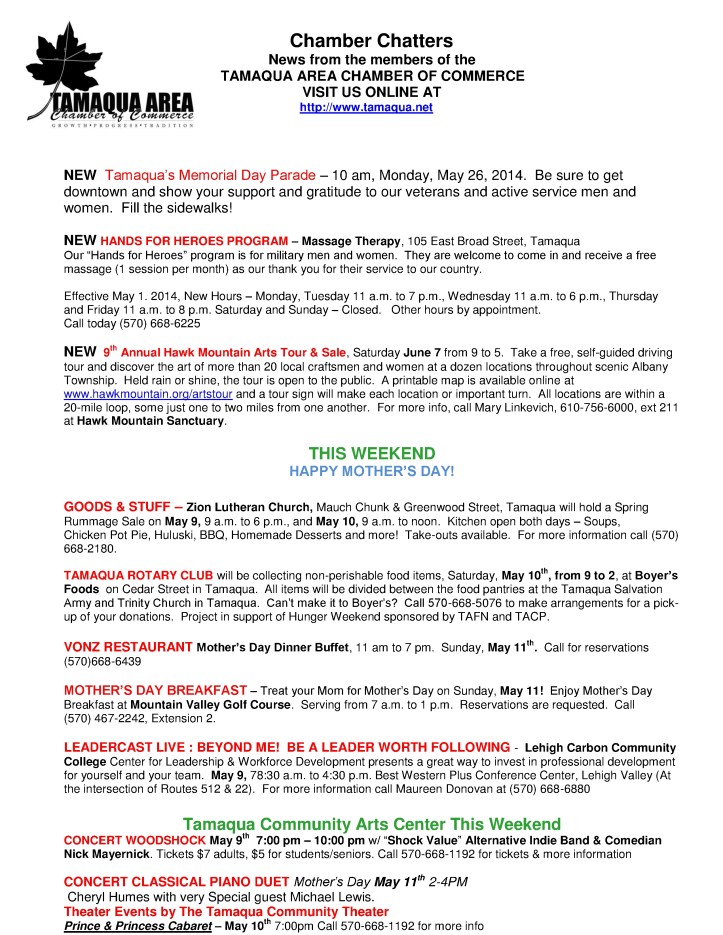 5-9-2014, Tamaqua Chamber of Commerce, Chamber Chatters1