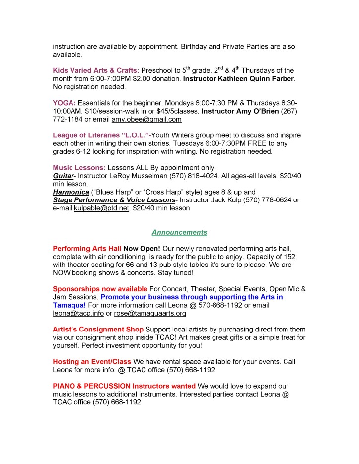 5-9-2014, Tamaqua Community Arts Center Newsletter10