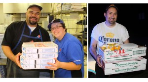 Pictured on left are Charles Ballantine (owner of Dominoes in Tamaqua) and Rachael Lewis (Assistant Manager). On right is Tony Schiano of Two Kings Pizza in Tamaqua. Schiano, currently with Nesquehoning Fire Company, has 25 years with the fire service.