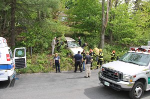 Elderly Woman Drives Through Car Port, Down Embankment, Locust Street, Hometown, 5-20-2014 (22)