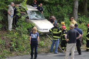 Elderly Woman Drives Through Car Port, Down Embankment, Locust Street, Hometown, 5-20-2014 (26)