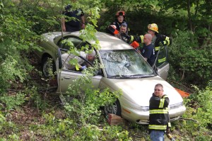 Elderly Woman Drives Through Car Port, Down Embankment, Locust Street, Hometown, 5-20-2014 (33)