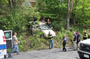 Elderly Woman Drives Through Car Port, Down Embankment, Locust Street, Hometown, 5-20-2014 (34)
