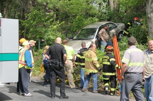 Elderly Woman Drives Through Car Port, Down Embankment, Locust Street, Hometown, 5-20-2014 (55)