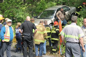 Elderly Woman Drives Through Car Port, Down Embankment, Locust Street, Hometown, 5-20-2014 (58)