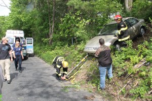 Elderly Woman Drives Through Car Port, Down Embankment, Locust Street, Hometown, 5-20-2014 (62)