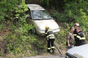 Elderly Woman Drives Through Car Port, Down Embankment, Locust Street, Hometown, 5-20-2014 (63)