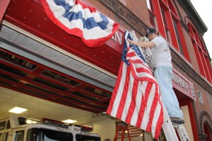 Firefighters Placing Flags, Bunting, American Hose Company, Tamaqua (7)