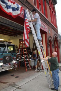 Firefighters Placing Flags, Bunting, American Hose Company, Tamaqua (8)