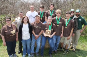 Pictured from front left are Jeannie Carl (Envirothon Coordinator/CCEEC), Cory Bentzoni (Wildlife Conservation Officer), David Hawk (chair/Envirothon/CCEEC), students Lauren Campbell, Isaac George, Collin Green, Frank Snyder (Service Forester/DCNR), and Lucas Repa (Forest Technician). From back left are Franklin Klock (naturalist), and students Gavin Scott and Bruce Hettler.