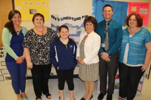 Pictured are fourth grade teachers Adrian Bumbulsky, Kelly Reaman, student Olivia Brown, Cindy Viel, Andrew Michalik and Mary Ann Herring. Olivia is the daughter of Matthew and Erin Green of Tamaqua.