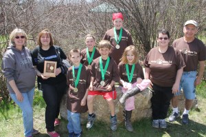 Pictured from left are Fabulous Falcon members Lynn Sutton (teacher), Deanna Iles (teacher), students Kaden Lyon, Kyle Sebelin, Katerina Samuels, and CCEEC Envirothon Chairperson David Hawk, and naturalist Jeannie Carl. In back left are students Kayle Stewart (left) and John Schaible.