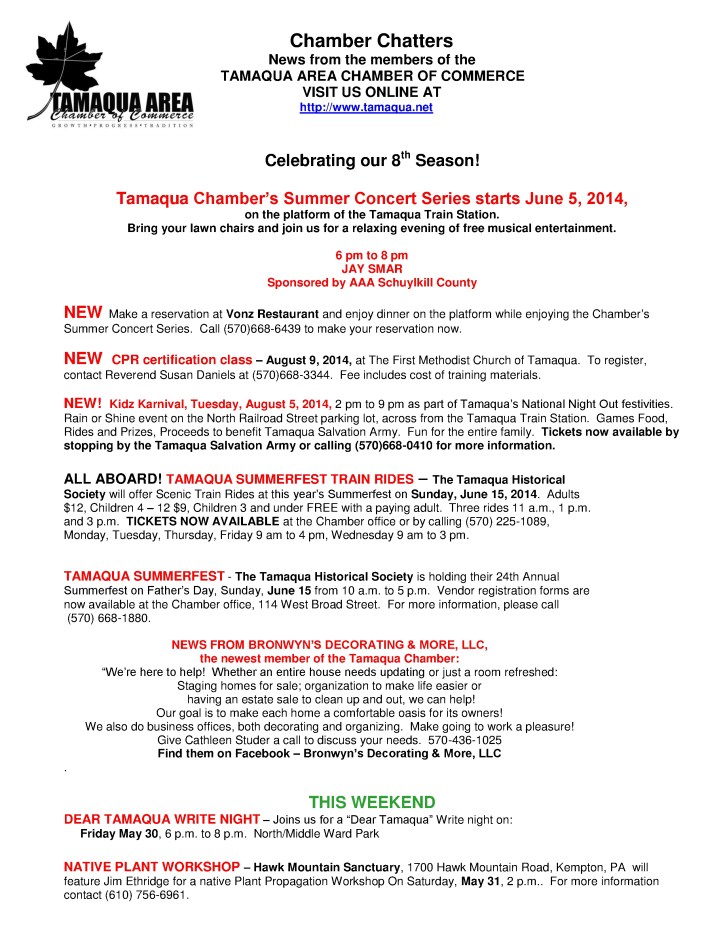 5-30-2014, Tamaqua Chamber of Commerce, Chamber Chatters1