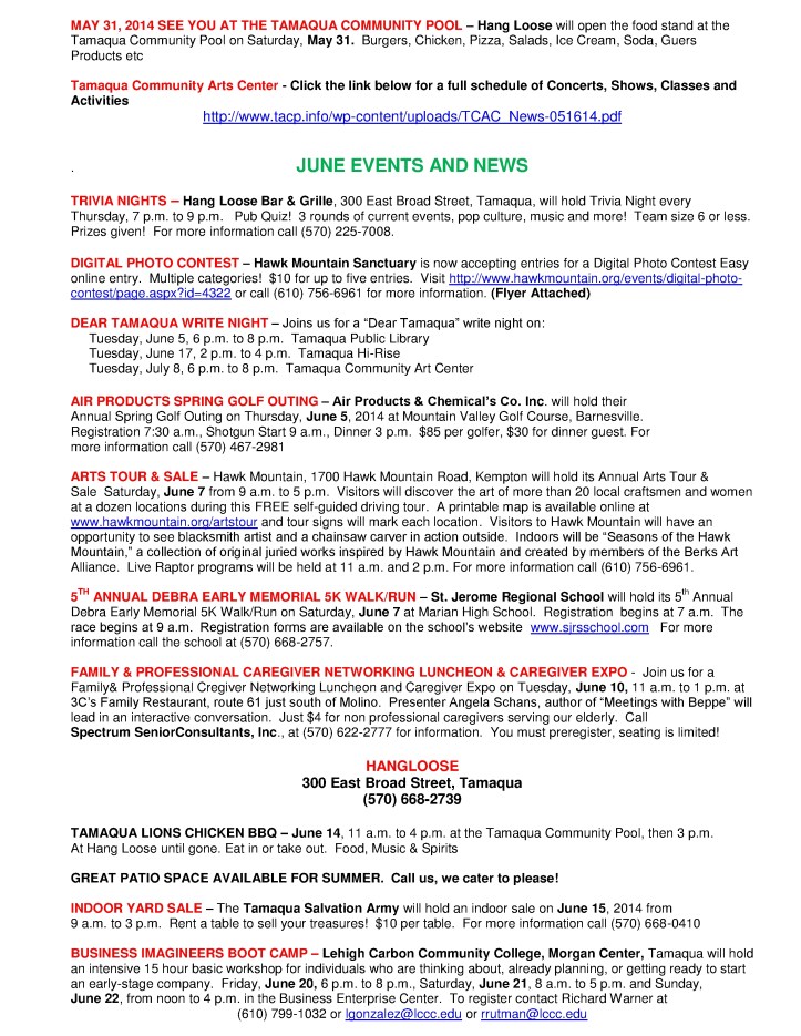 5-30-2014, Tamaqua Chamber of Commerce, Chamber Chatters2