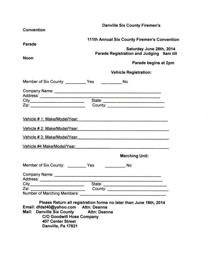 Parade Registration, Six County Firemens Parade Association, Danville