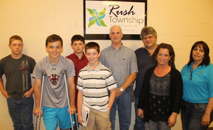 Pictured from left are scouts Oliver Kressley, Jacob Rudy, Dylan Crowley, Chris Osenbach, township supervisors Shawn Gilbert, Robert Leibensperger, secretary/treasurer Denise Hope and supervisor Jeaninne Motroni.
