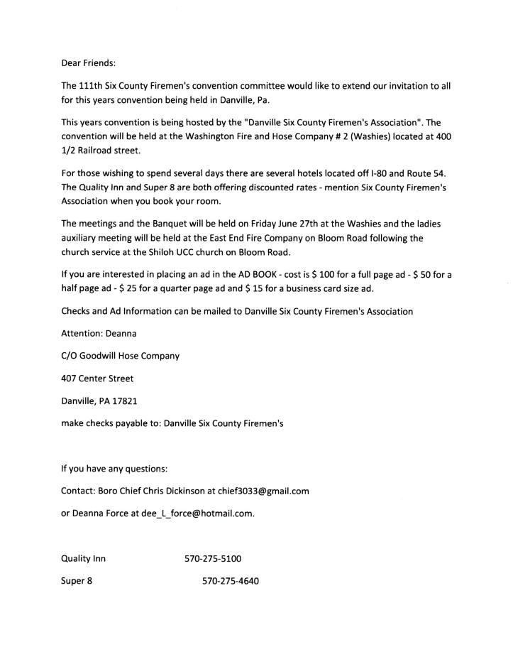 Six County Firemens Parade, Danville, 6-27 and 6-28, 2014 Information