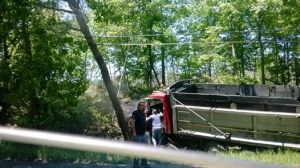 Straight Dump Truck Crashes inot Trees, US209, Nesquehoning, 6-2-2014 (1)
