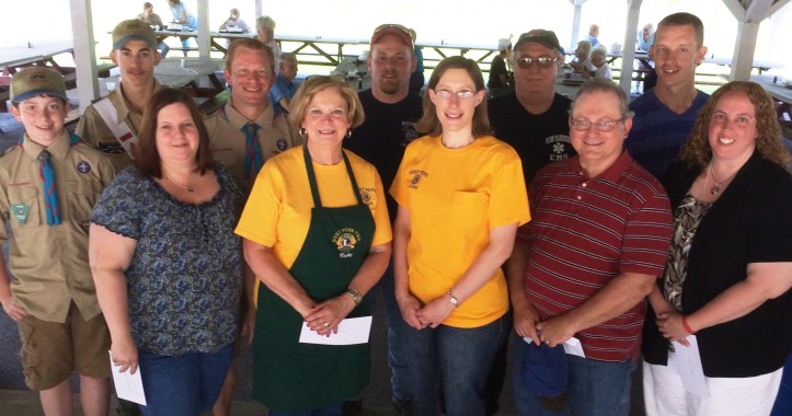 ictured from front left are Denise Skrabak, Director, Tamaqua Area Adult Day Care Center; Becky Neumoyer, President, West Penn Lioness; Melissa Kistler, President, West Penn Lions Club; Darryl Fritz, Member, West Penn Park Commission; and Jolene Barron, Board Member, Tamaqua Area Public Library. From back left are Christopher Osenbach, scout Calvin Helsley and Dale Osenbach, Scout Leader, Clamtown Boy Scout Troop 755; Clint Schock, Chief, West Penn Fire Company No. 1; Don Hoppes, President, Penn Mahoning Ambulance Association; and Andrew Leibenguth, Board Member, Tamaqua Salvation Army.