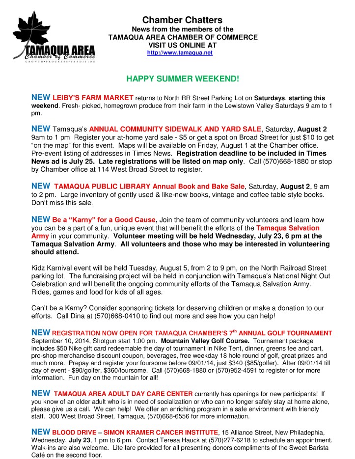 7-18-2014, Tamaqua Chamber of Commerce, Chamber Chatters1