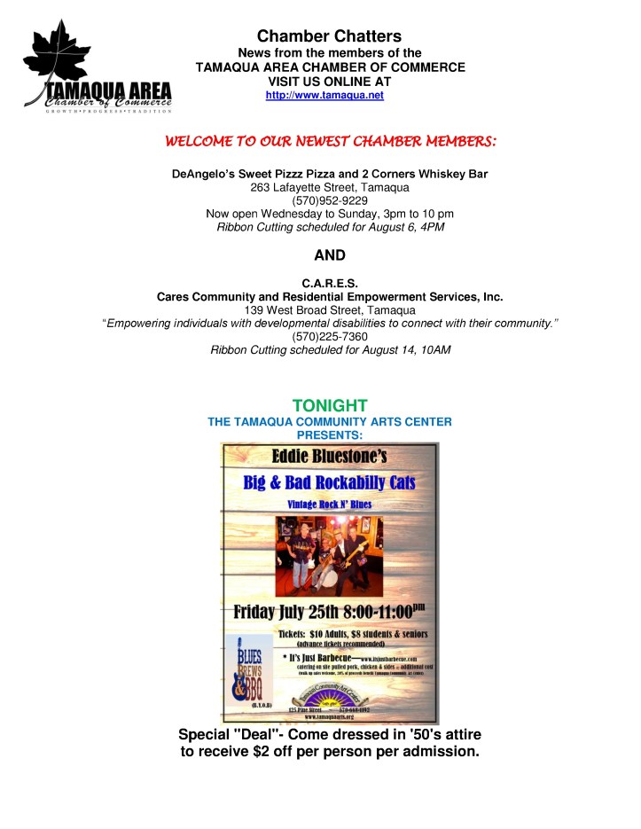 7-25-2014, Tamaqua Chamber of Commerce, Chamber Chatters1