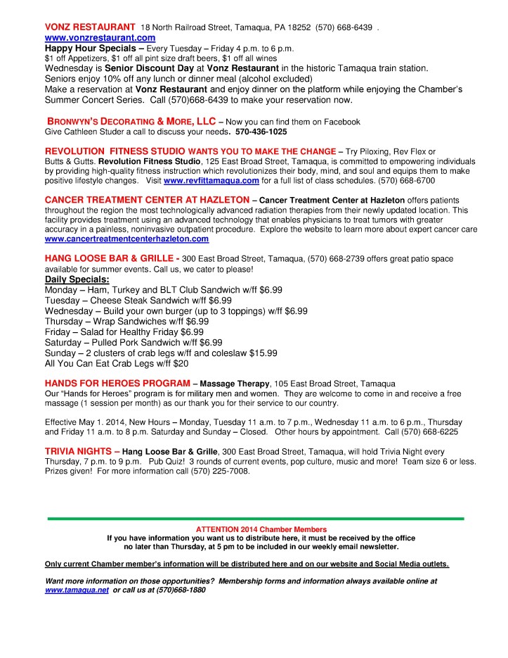 7-25-2014, Tamaqua Chamber of Commerce, Chamber Chatters6