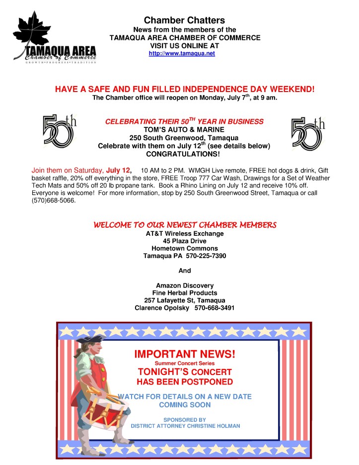 7-3-2014, Tamaqua Chamber of Commerce, Chamber Chatters1