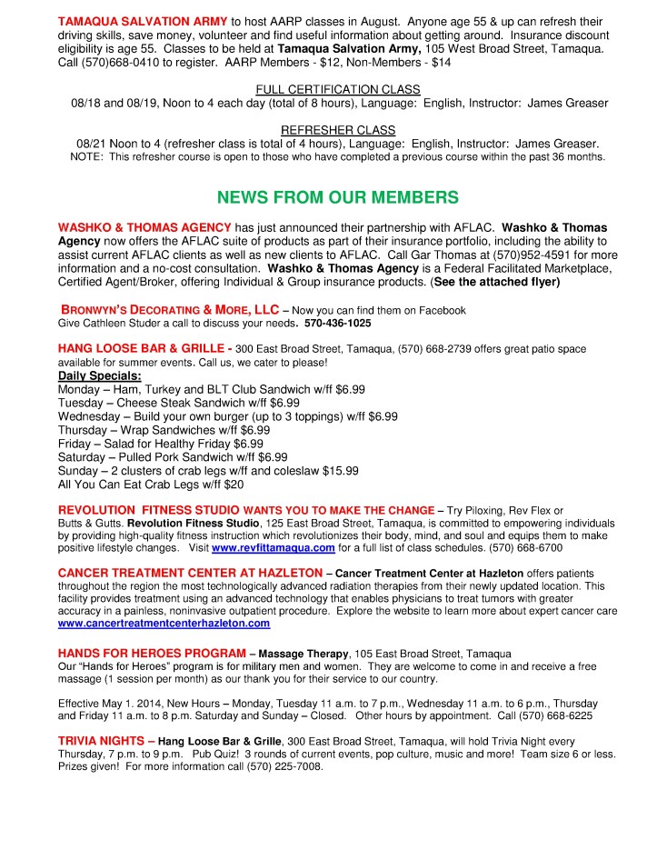 7-3-2014, Tamaqua Chamber of Commerce, Chamber Chatters3