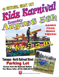 Kidz Karnival LOGO, Tamaqua Salvation Army, Train Station parking lot, Tamaqua, 8-5-2014, full poster
