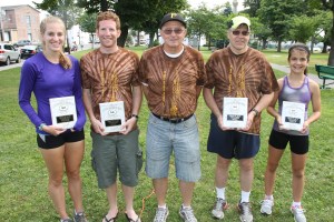 Pictured from left are first place female 5K run winner Marina Orrson, 23, Shavertown; first place male 5K run winner John Martino, 23, Jim Thorpe; race director Joe Mogilski; first place male 5K walk winner Jeff Knutson, 61, Saylorsburg; and first place 5K female walk winner Abbey Vermillion, 10, Summit Hill.