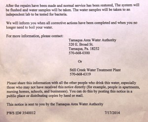 Water Boil Advisory, Dutch Hill, Tamaqua, 7-17-2014 (2)