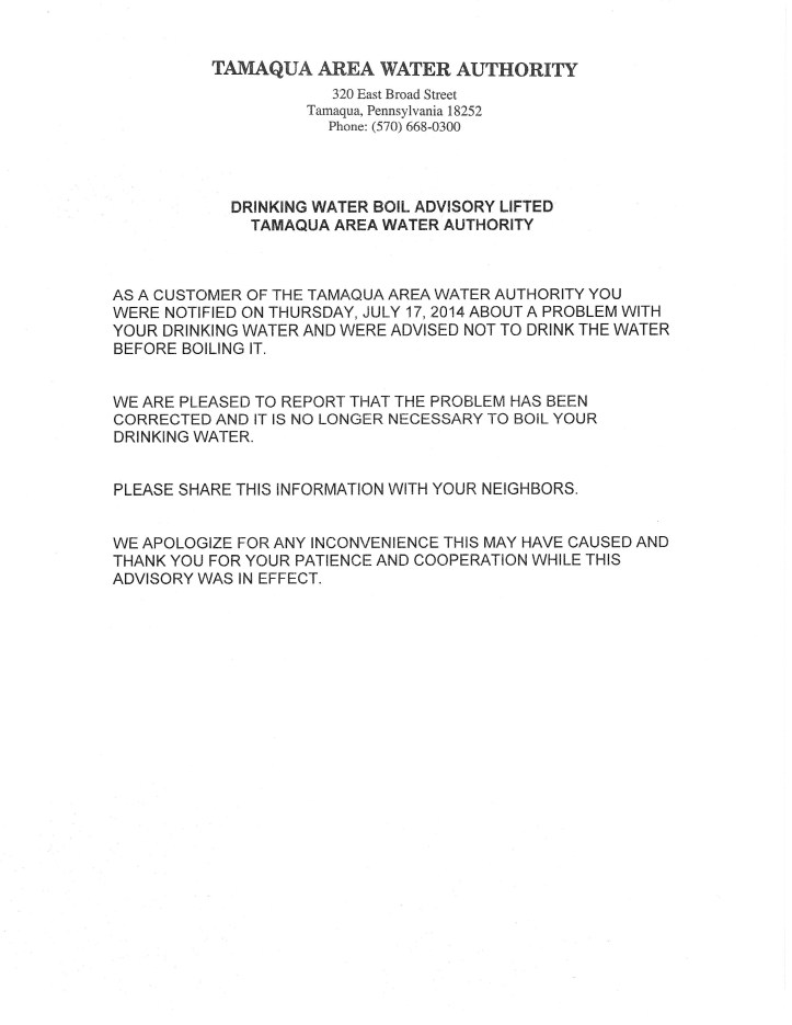 Water Boil Advisory Lifted, Dutch Hill, from Kevin Steigerwalt, Tamaqua, 7-21-2014