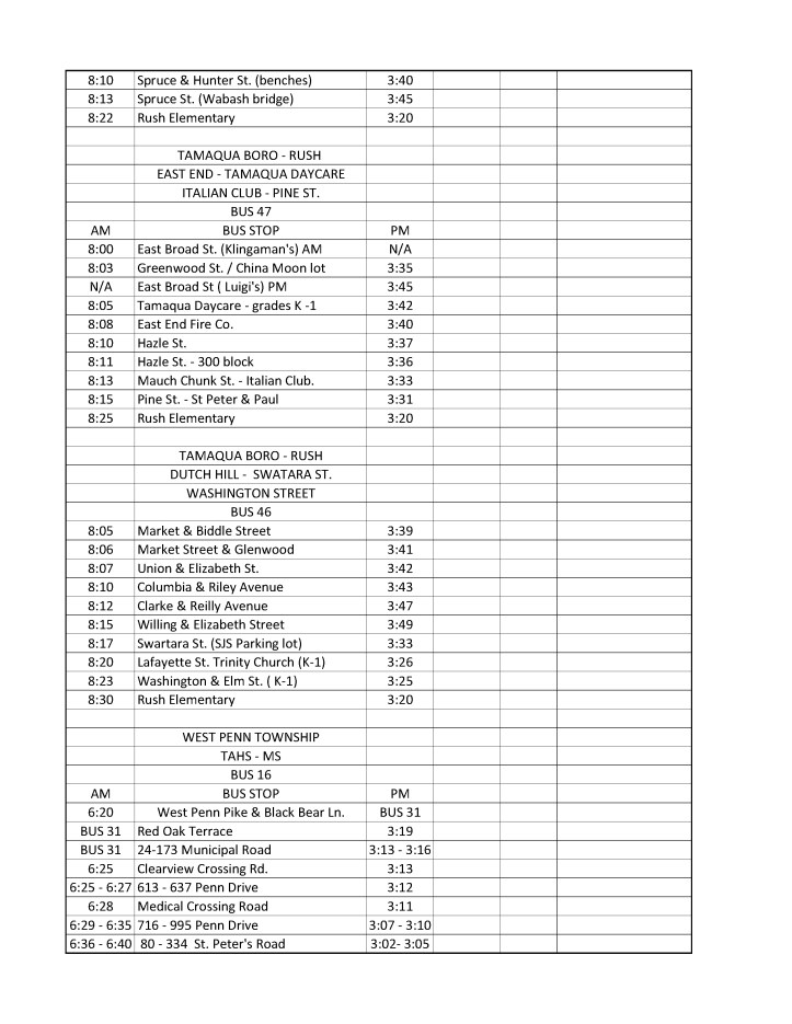 2014-2015 Tamaqua Area School District Bus Schedule9