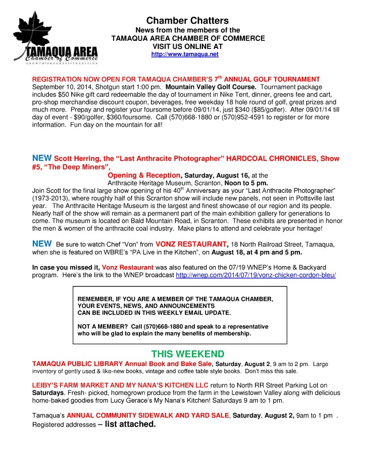 8-1-2014, Tamaqua Chamber of Commerce, Chamber Chatters1