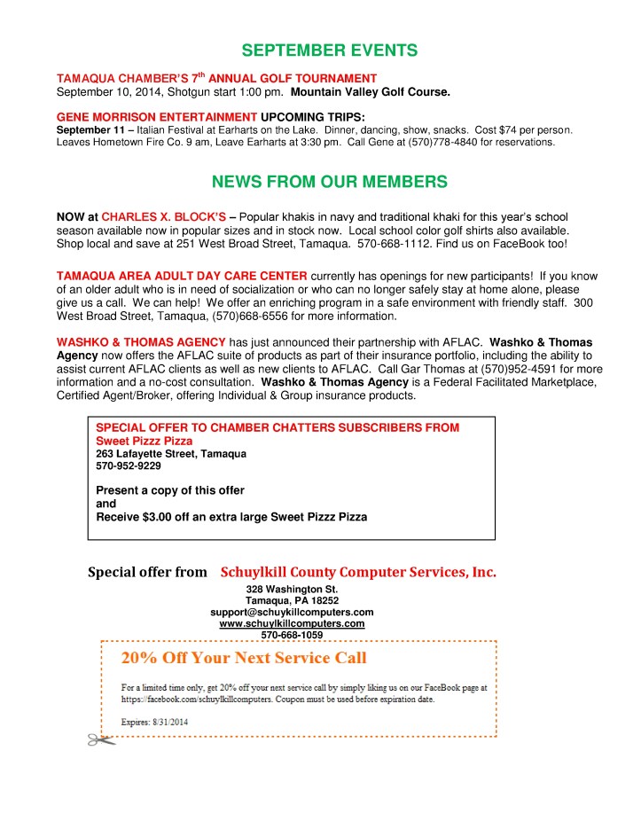 8-1-2014, Tamaqua Chamber of Commerce, Chamber Chatters3