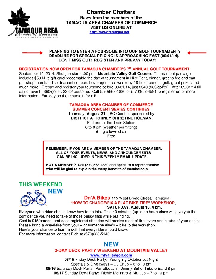 8-15-2014, Tamaqua Chamber of Commerce, Chamber Chatters1