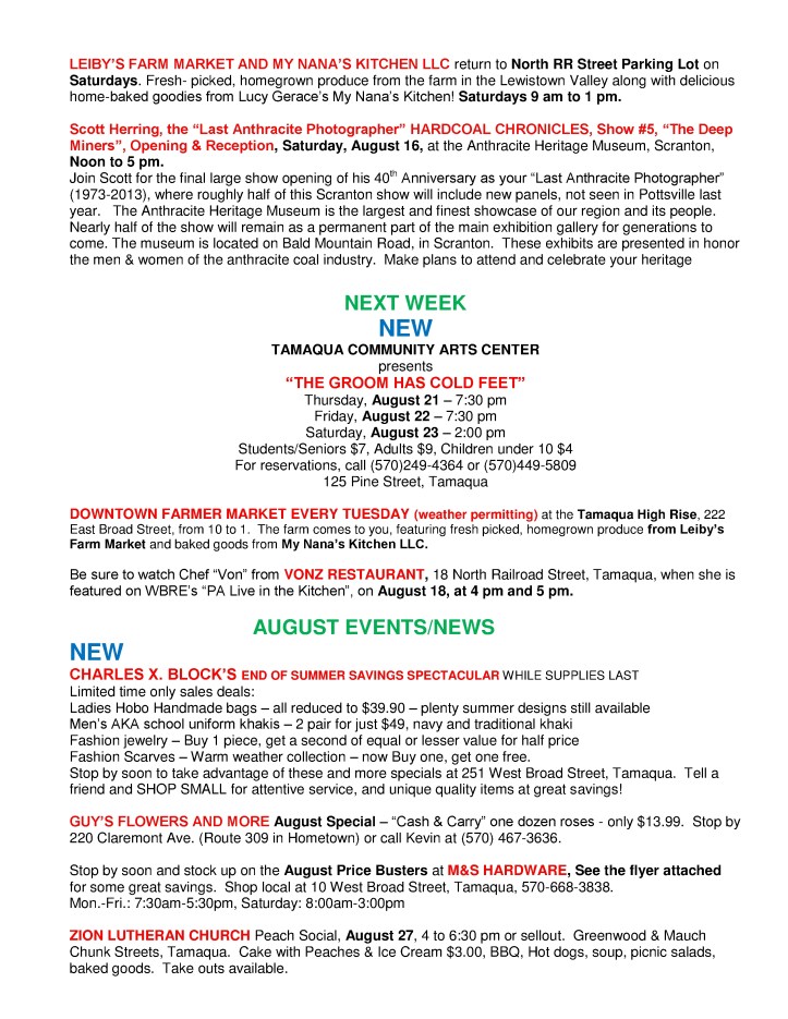 8-15-2014, Tamaqua Chamber of Commerce, Chamber Chatters2