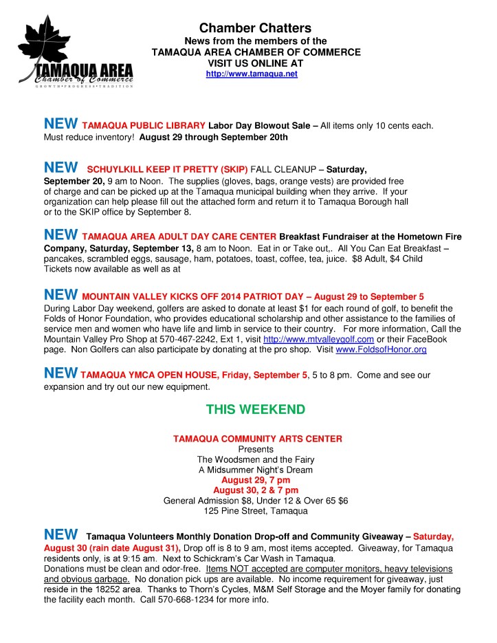 8-29-2014, Tamaqua Chamber of Commerce, Chamber Chatters1